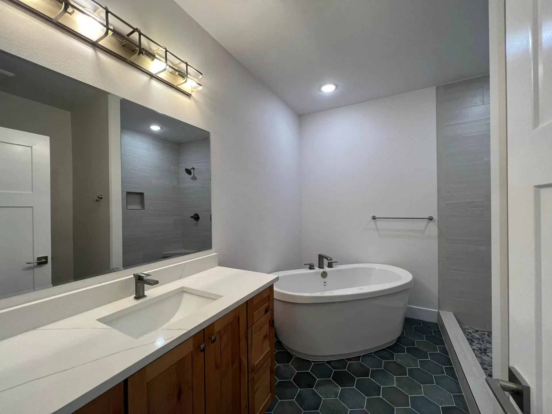 guest bathroom corner tub hangar home in alaska